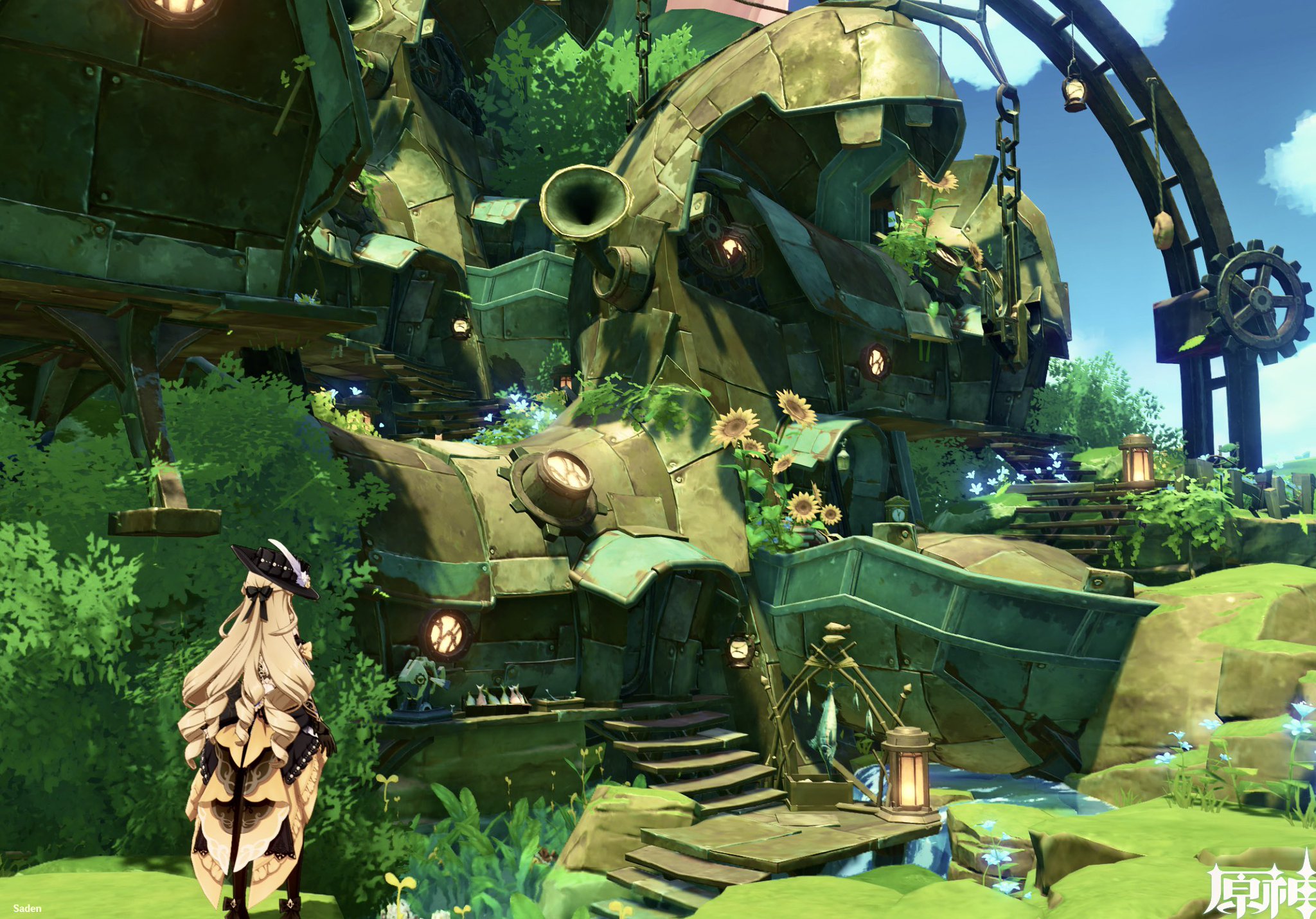 this is a vibrant and detailed screenshot from the video game genshin impact. the image showcases a unique steampunkinspired architectural structure, overgrown with lush green plants and sunflowers.  a blondehaired female character in a distinctive hat is standing near the building, observing the scene.  the structure is complex and intricate, composed of rusty metal components and parts, appearing as a fantastical home or workshop nestled in a peaceful, sundrenched environment. the overall aesthetic is whimsical and charming, combining mechanical elements with nature in a harmonious way. the image features a high level of detail, showcasing the game's impressive art style and level design.