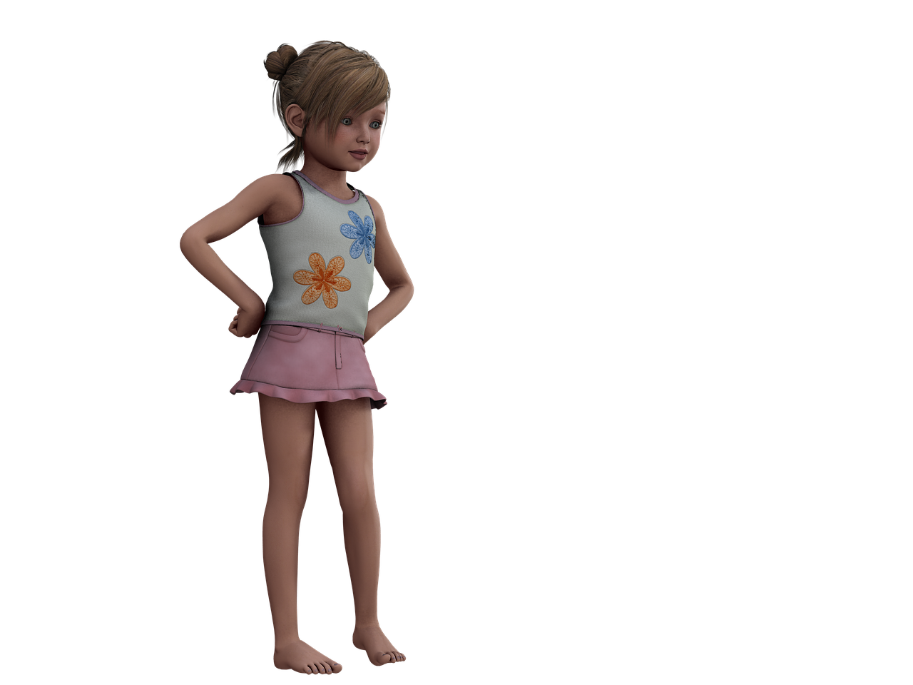 a young girl stands against a black background. she has blonde hair pulled up into a bun, light skin, and is barefoot. she wears a white tank top with a blue and orange flower design, and a short pink skirt. her hands are placed on her hips, and she is looking slightly to her right.