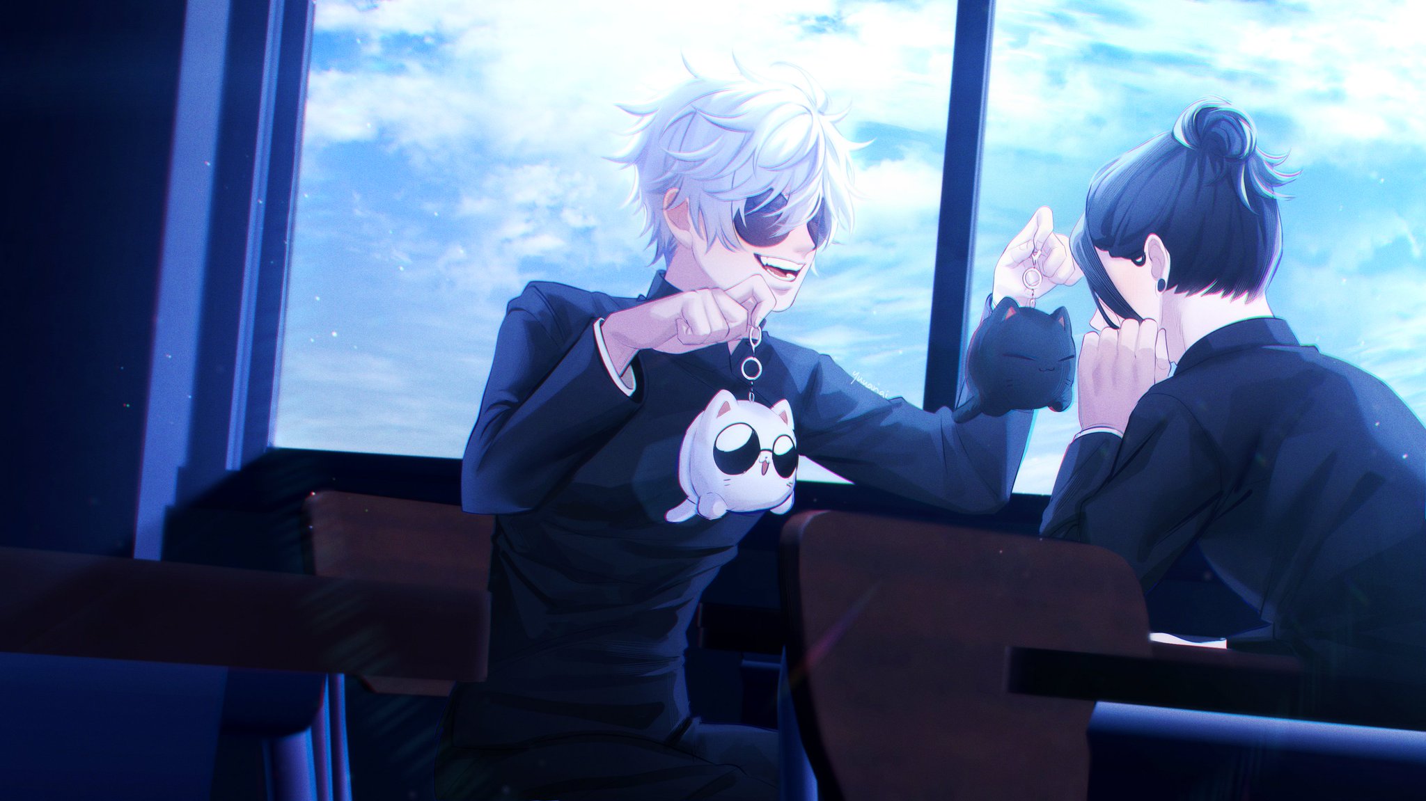 two anime boys are sitting at desks in a classroom looking at each other. one boy has white hair and is wearing a black shirt with a white cat keychain. he's looking at the other boy with a smile. the other boy has black hair with a bun and is wearing a black shirt. he's looking away, possibly at the window. the classroom has windows on the right side, revealing a bright sunny day with blue skies and clouds. the boy in black appears shy while the boy in white appears to be friendly and happy.