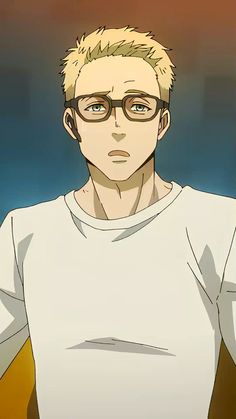 a digital illustration of a young man with short blonde hair and round glasses. he appears to be concerned or worried. the image is a closeup portrait, emphasizing his facial expression.