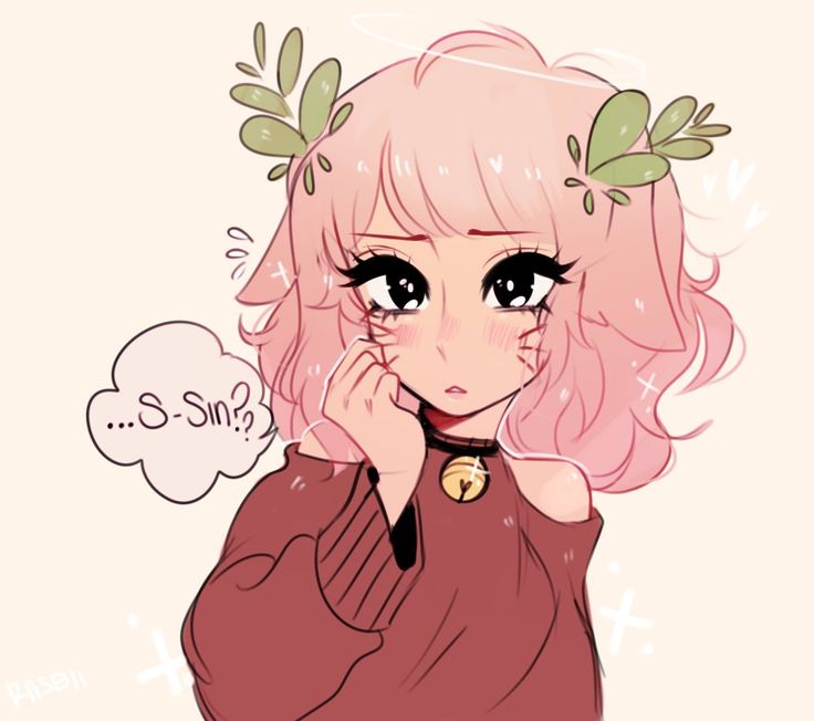 the image is a digital illustration of an anime girl with pink hair and large, expressive eyes. she is blushing and has a shy expression, and she is thinking to herself, as indicated by the thought bubble above her head. she is wearing a red sweater with a cat collar and a cat bell. the background is a soft, peach color. the image is drawn in a cute and innocent style.