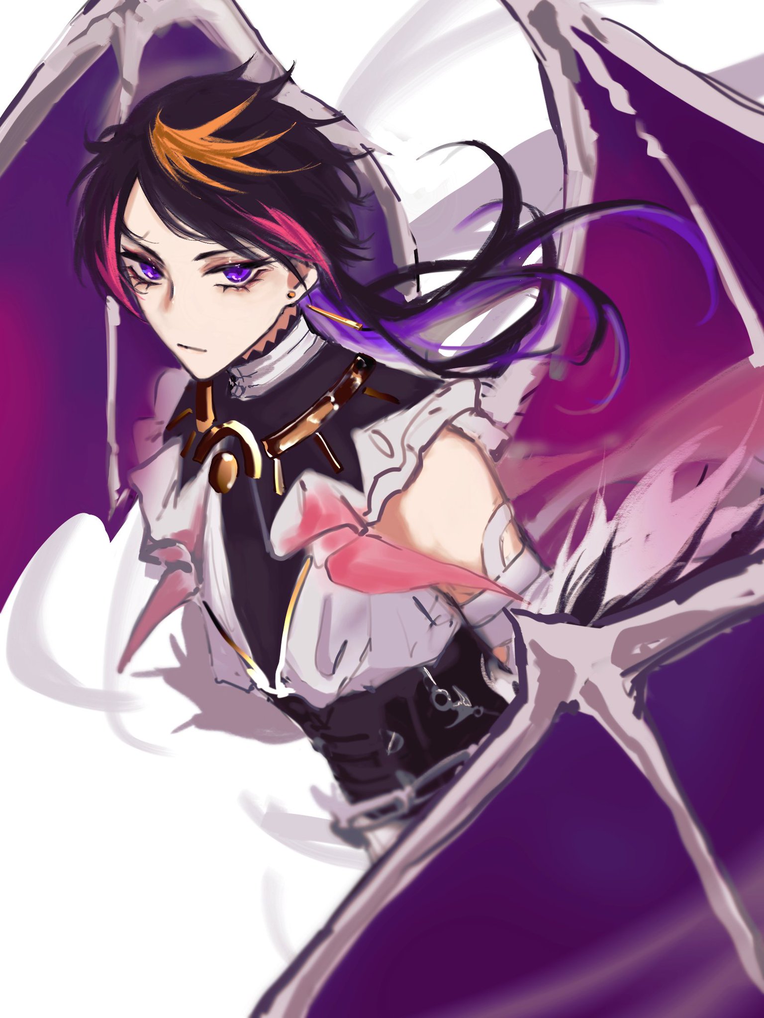 this anime style illustration features a female character with long black hair accented with a streak of orange. she has striking violet eyes, and is dressed in a black and white outfit accented with gold and pink details. she has purple and white wings extending from her back. the background is a soft, gradient pink to white.