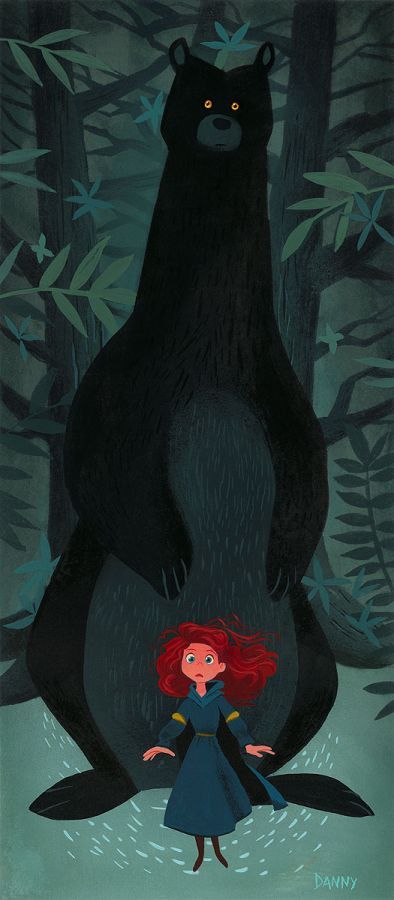 an illustration featuring merida from the disney pixar movie brave, standing in a forest facing a giant black bear, possibly mor'du. the bear is much larger than merida, looming over her, with glowing yellow eyes. merida is wearing her blue dress and looks slightly apprehensive. the background consists of stylized trees and leaves in shades of green and blue.