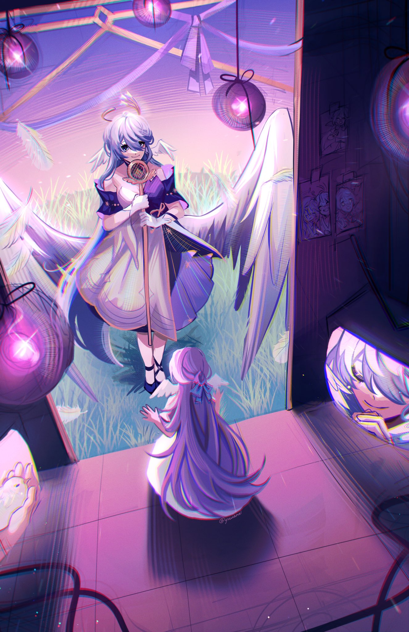 the image is a digital drawing of two anime girls. one is an angel with white wings and a long purple dress, holding a staff with a flower on top. she is looking up at the sky, which is filled with clouds and light. the other girl is standing in front of a door, looking up at the angel. her hair is long and purple, and she is wearing a white dress. the image is set in a room with a white floor and walls. there are many light sources in the image, including the sun, stars, and fairy lights. the image is a beautiful and whimsical portrayal of a magical and fantasy world.