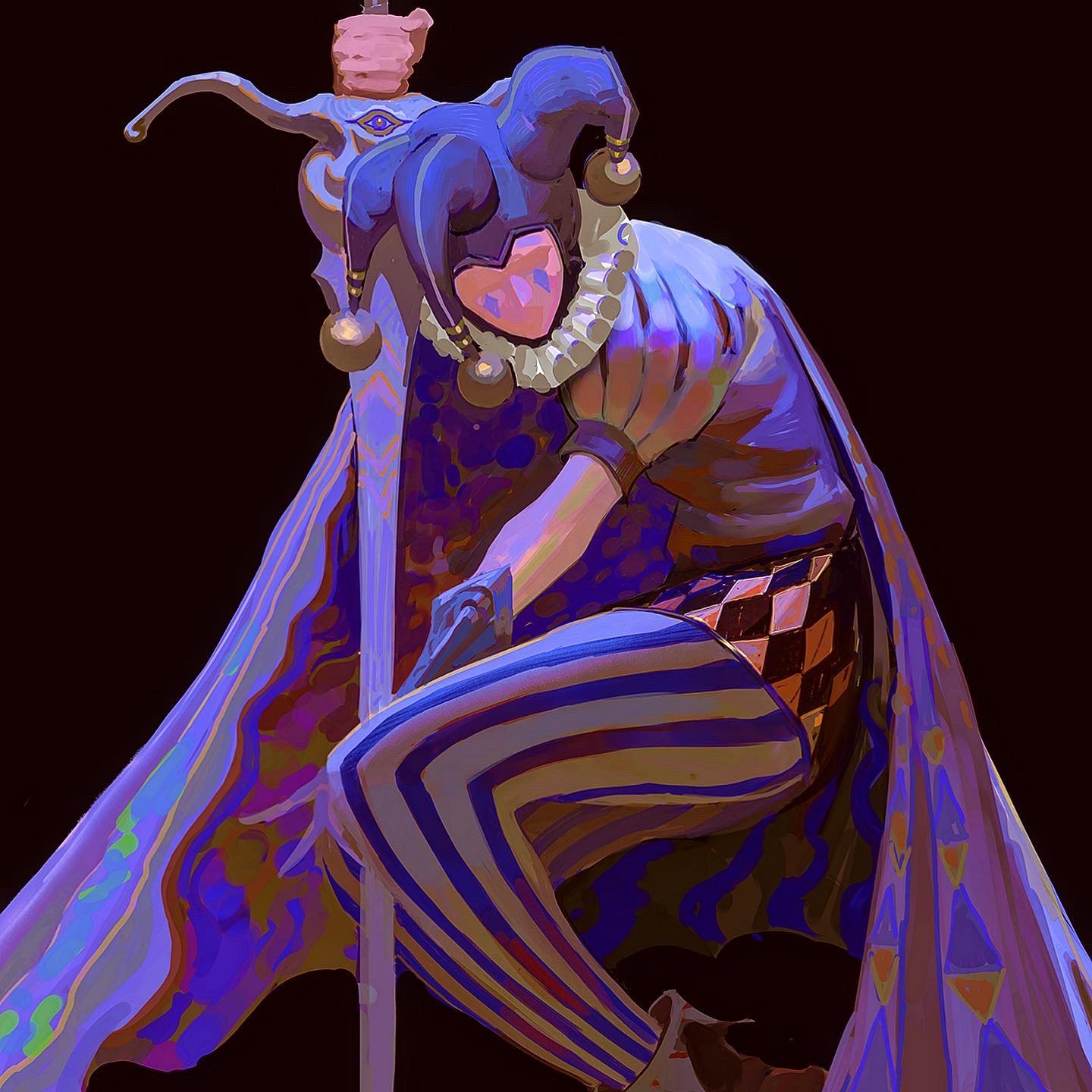 a digital painting of a jester in a purple and blue costume. the jester is holding a sword, and they are wearing a hat with bells. the jester has a sad expression and is looking down. the painting is set in a dark background, and the jester's costume is brightly colored.