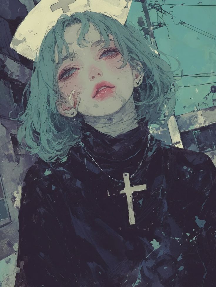 the image is a digital painting or illustration in a highly stylized anime style. it depicts a young woman with short, tealcolored hair, wearing a nurse's uniform and a dark turtleneck.  she appears injured, with bandages visible on her face and a slightly distressed expression.  she wears a prominent silver cross necklace. the background is a muted, somewhat grungelike depiction of an urban or possibly dystopian setting. the overall mood is melancholy and emotionally evocative,  with a focus on the character's expressiveness and the contrast between her delicate features and the darker, grittier surroundings. the art style uses bold brushstrokes and textural elements to create a unique and visually compelling image.