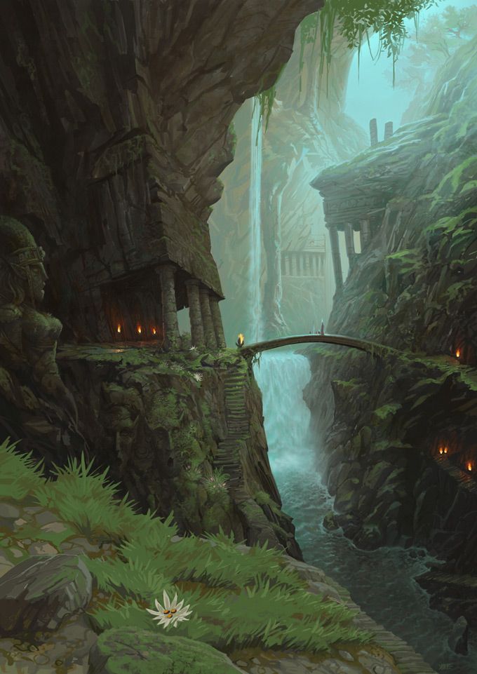 the image depicts an ancient jungle temple scene within a canyon. a waterfall cascades down between the cliffs, with stone ruins and temple structures built into the sides. a small stone bridge spans the gap above the waterfall, connecting two structures. a large statue stands guard beside one temple entrance. the scene is overgrown with lush vegetation, and torches light up some areas. the overall mood is mystical and ancient.