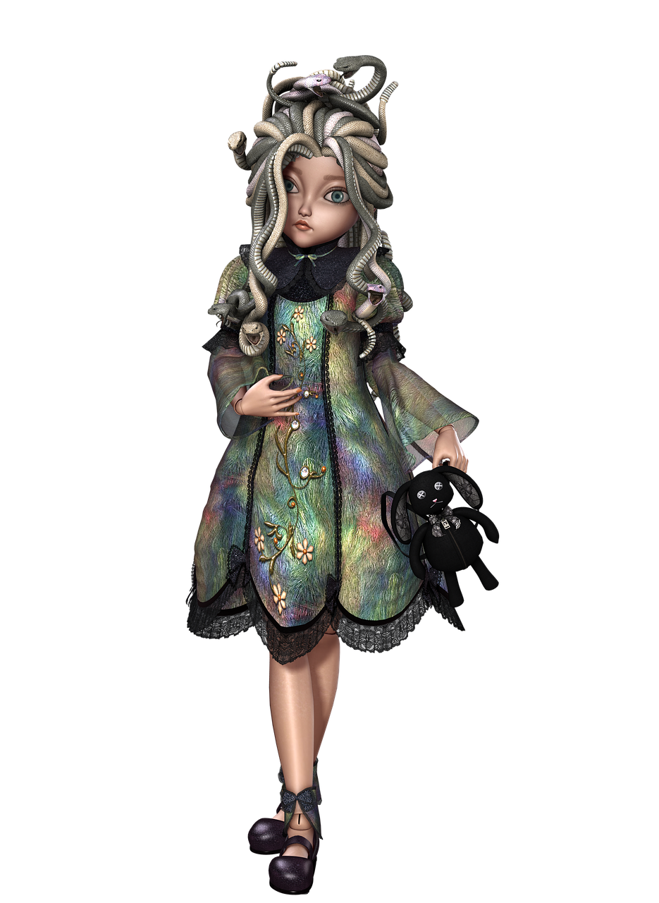 a 3d rendered doll of a girl with snakes for hair, resembling medusa, is standing against a black background. she is wearing a colorful, patterned dress with embellishments and black lace trim. the girl is holding a black stuffed bunny in one hand and what appears to be a small, round object in the other. her shoes are dark purple with ribbon ties.