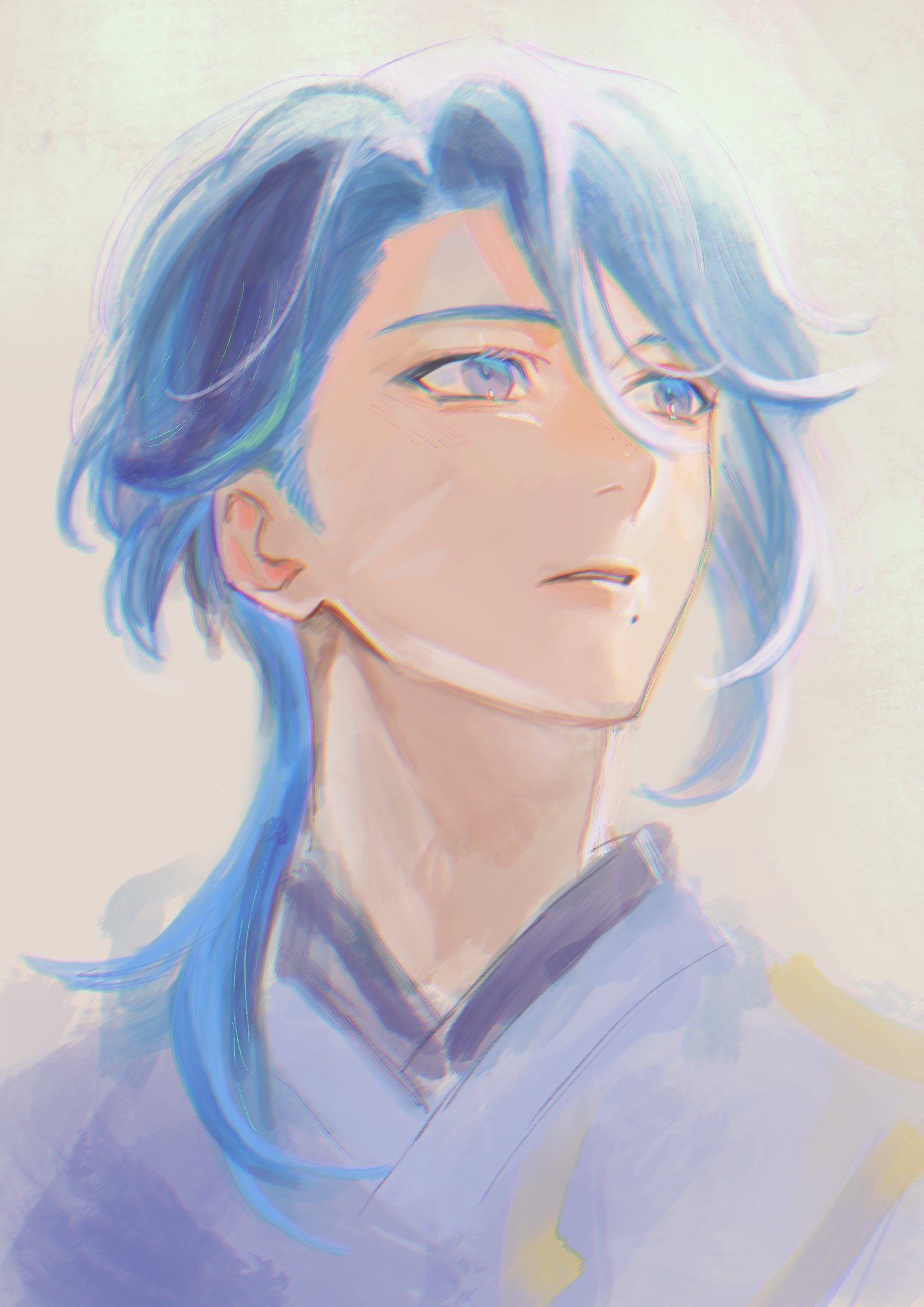 this is a digital painting of an anime male character with blue hair. the character is looking up and to the right, with a thoughtful expression on his face. he is wearing a white collar and blue clothing.  the background is a soft white light, and the painting is overall in a pastel color scheme.