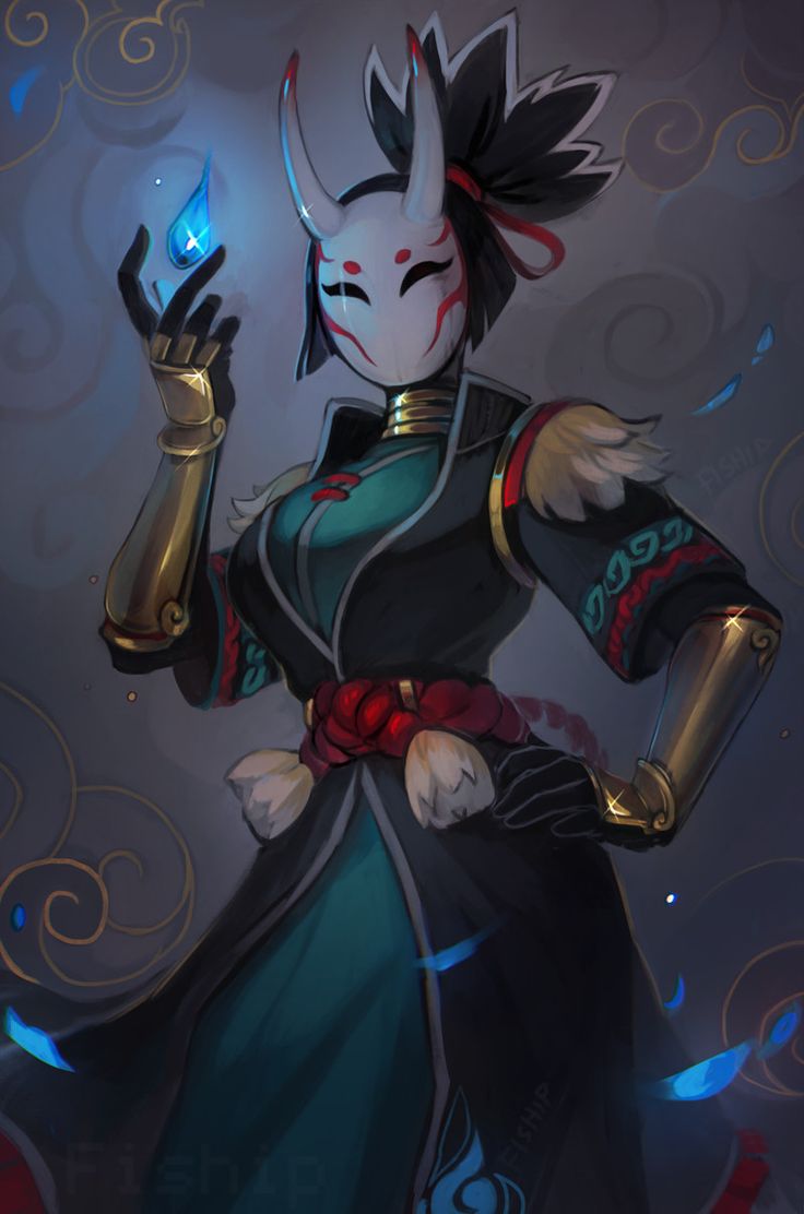 an anime woman with long black hair, a white mask with a red design and golden horns. she is wearing a dark blue and teal kimono with red accents and is holding a glowing blue teardrop in her hand. she is surrounded by blue particles.