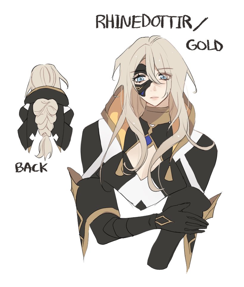 this is a digital illustration of a female anime character, with blonde hair and blue eyes. she is wearing a black and gold costume with a black eye patch. the illustration is done in a simple, elegant style and is very welldetailed. the character looks very beautiful and powerful. this is a great example of anime character design.