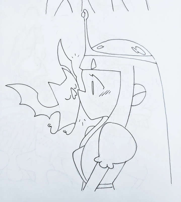 a black and white drawing of a princess with a bat in her hair, the bat has a small heart in the center of it and the princess is blushing.