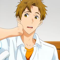 this is a drawing of a surprisedlooking anime man with his hand on his neck. he has short brown hair, brown eyes, and is wearing a white shortsleeved shirt over an orange tshirt.  the style of the drawing has thick, distinct lines and solid areas of color.