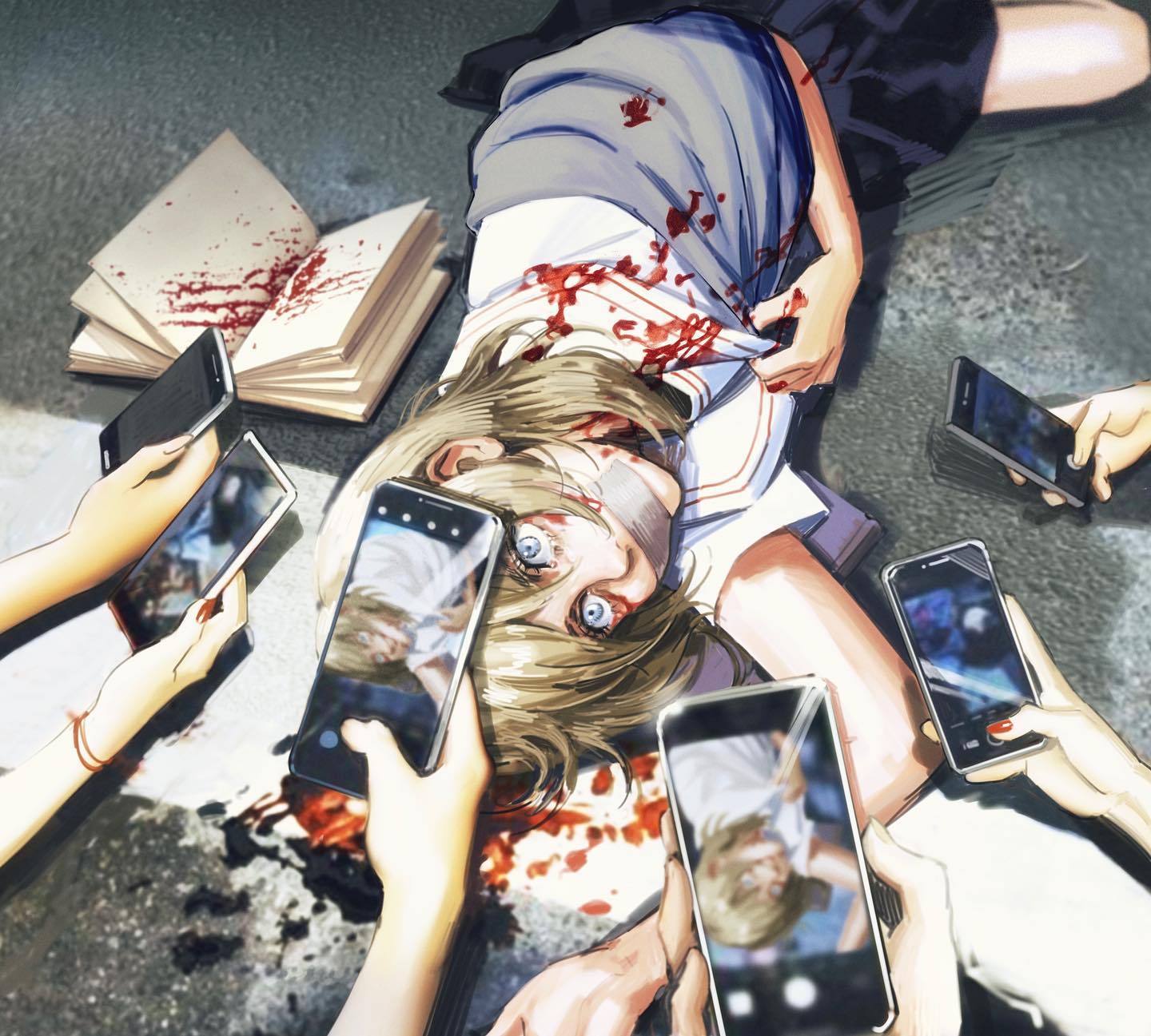 the illustration depicts a young anime girl lying on the ground, bloodied and with her mouth taped shut.  several hands surround her, holding up cell phones, seemingly recording or photographing her lifeless body. the scene is violent and disturbing, suggesting she may be a victim of murder.  a bloodsplattered notebook lies nearby. the overall aesthetic is dark and gritty, focusing on the graphic aspects of the scene while simultaneously highlighting the voyeuristic nature of those observing the event with their cell phones.