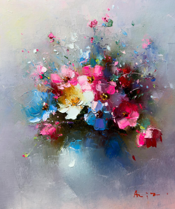 he image is an oil painting depicting a vibrant bouquet of flowers in a vase. the style is impasto, with thick, textured brushstrokes creating a sense of movement and depth. the colors are bright and colorful, with predominantly pink, blue, and white flowers. the background is a soft, muted grey, allowing the flowers to stand out. the painting has a romantic and delicate feel, capturing the beauty of nature. the artist's signature is visible in the lower right corner. the overall style is impressionistic and modern, with a focus on capturing the feeling and essence of the flowers rather than precise detail.