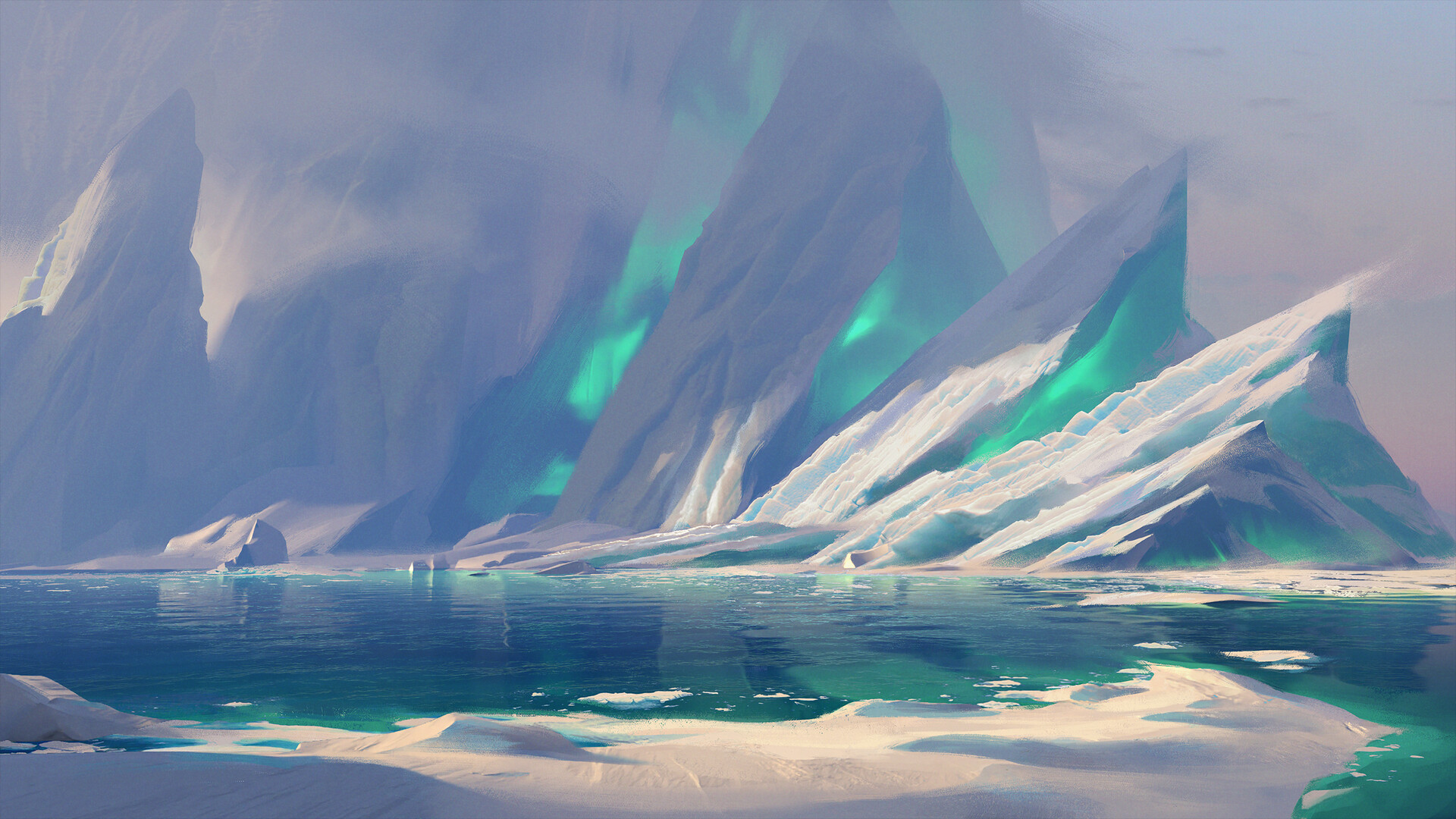 a digital painting depicting a frozen, icy landscape. in the foreground, a body of water with a small amount of ice floating on its surface. in the background, a large mountain range covered in snow and ice. the mountains are illuminated by a green glow, making the scene appear magical.