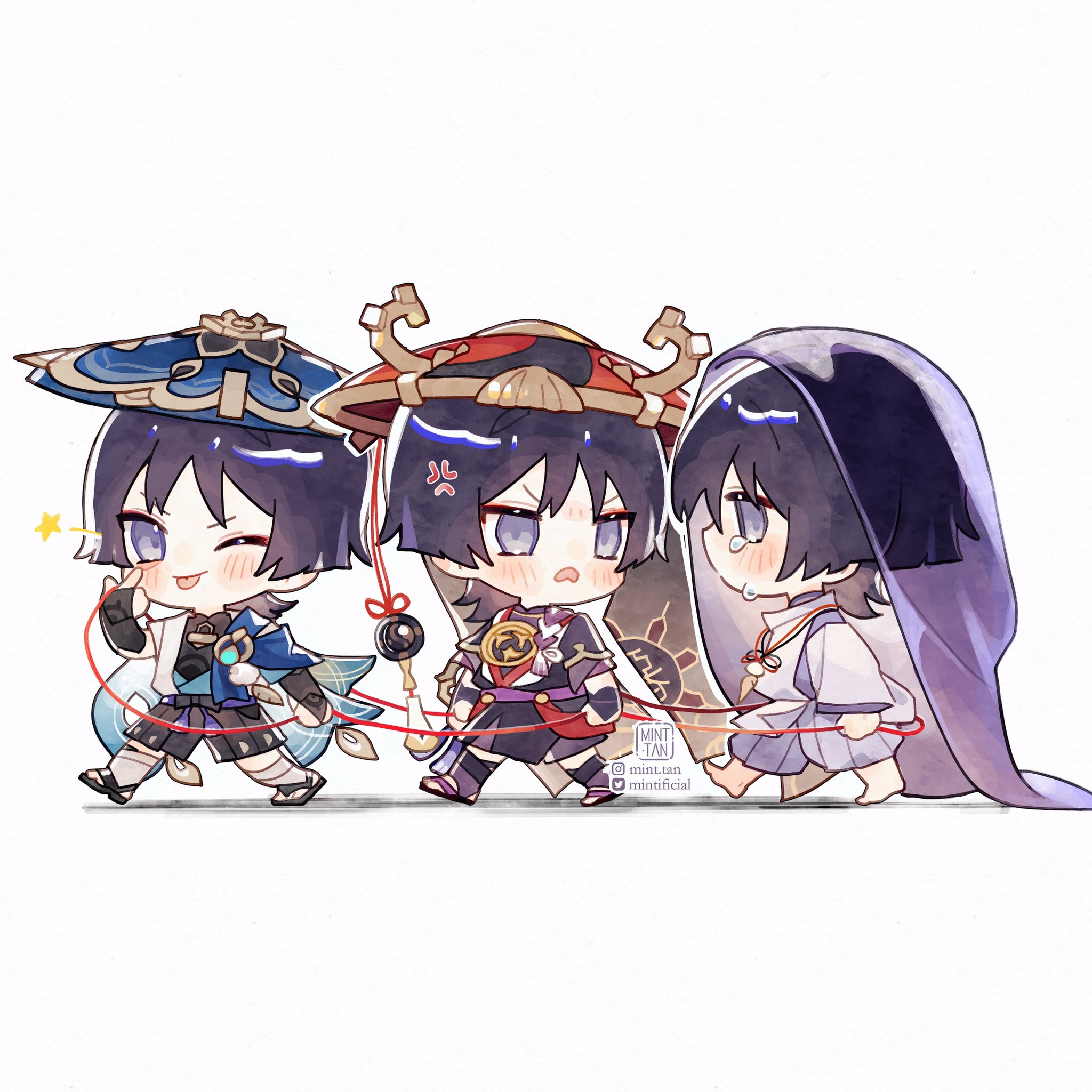 a cute illustration of  kazuha, itto, and yae miko from genshin impact in chibi form. they are all tied together with a red string of fate.