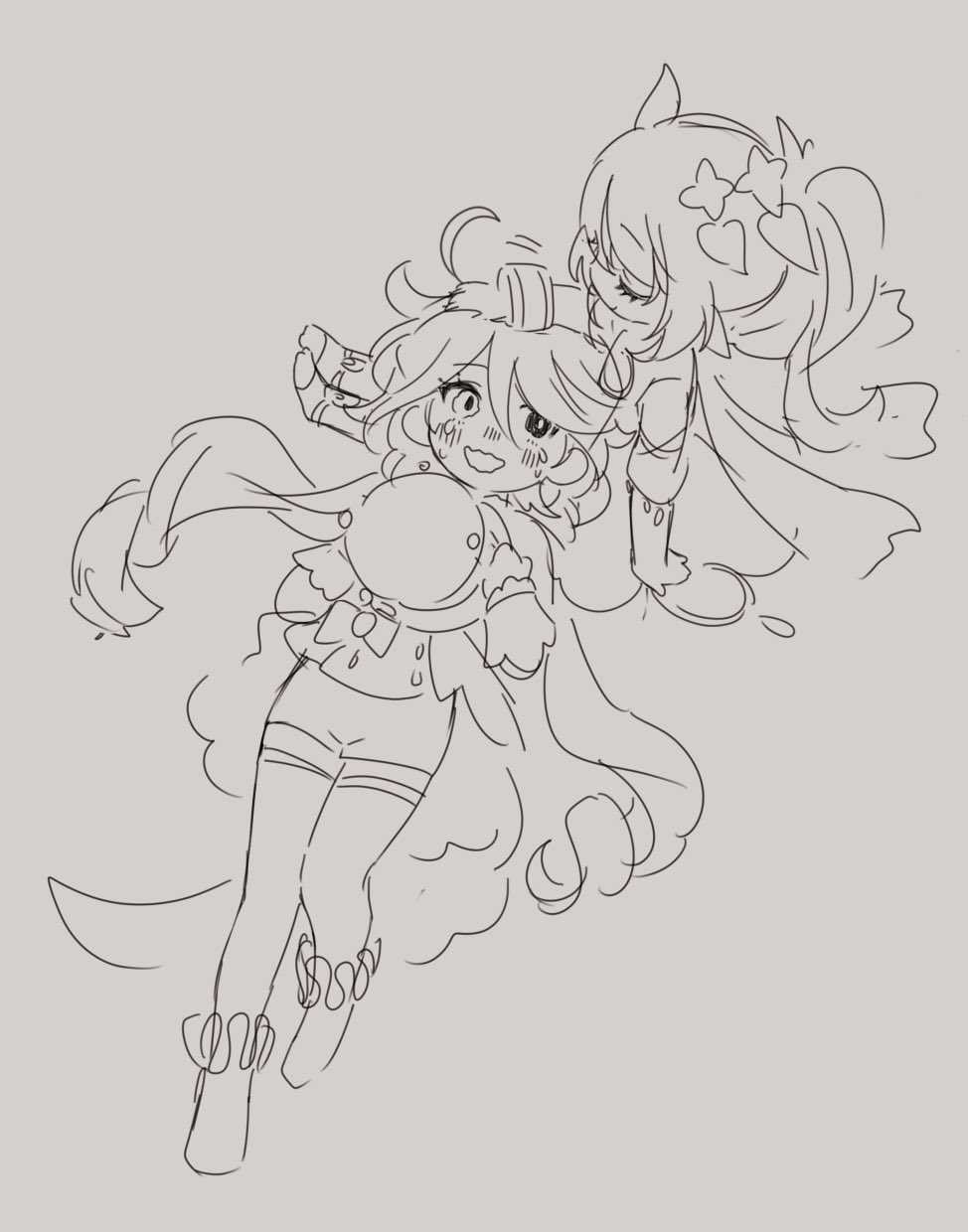a line drawing of two anime girls. the girl in the foreground is wearing a dress with a big bow. the girl in the background has her arms around the girl in the foreground's shoulders. the girl in the foreground is blushing.  they look like friends.