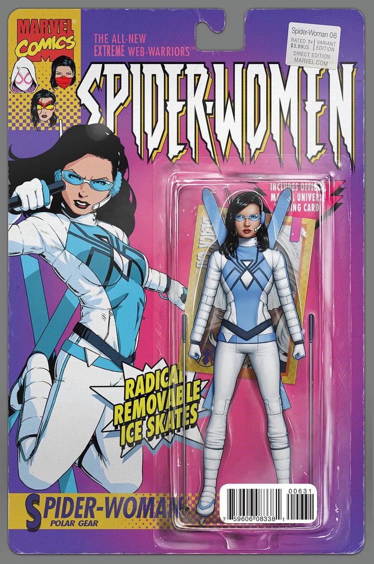 this is a photo of a spiderwoman action figure from the marvel comics line of toys. the figure is in its packaging and is ready for purchase. the packaging features the spiderwoman logo, a description of the figure, and a barcode. the figure itself is wearing a white and blue costume and comes with removable ice skates.