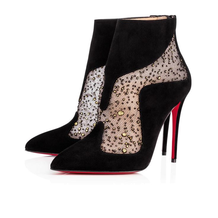 a pair of elegant christian louboutin black suede ankle boots are showcased against a white background. the boots feature a pointed toe, stiletto heels, and a unique design incorporating mesh detailing embellished with gold and black crystals.  the red soles, a signature element of christian louboutin shoes, are clearly visible.  the image is professionally lit, highlighting the details of the shoes' texture and craftsmanship. one boot is slightly in front of the other, showing both the inner and outer profiles of the boot's design.