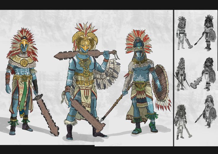 the illustration depicts three aztec or mayan warriors, each with their distinct outfits and weapons. the warrior on the left is holding a large sword with a serrated edge.  the warrior in the center is holding a wooden club and has an eagle feather headdress. the warrior on the right is carrying a spear and shield. the illustration is done in a handdrawn style, with colors and details that evoke an ancient and powerful aura. in the right side of the image, smaller drawings of similar warrior figures can be seen, suggesting this is a character design or concept art.