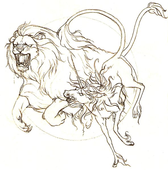 a sketch drawing of a lion and a unicorn engaged in a fierce fight. the lion is larger and more aggressive, with its teeth bared and claws extended. the unicorn is in a defensive posture, its horn pointed towards the lion. both creatures are depicted with detailed manes and tails. the scene conveys a sense of conflict and tension.