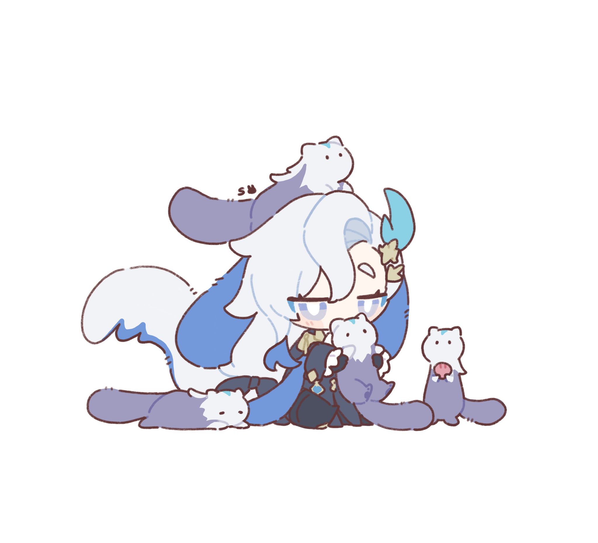the image is a piece of adorable fanart depicting a chibi version of ganyu from genshin impact.  she is surrounded by several small, otterlike creatures, some of which she is gently holding.  ganyu's characteristic white hair and blue clothing are clearly visible in the chibi style. the overall aesthetic is light, soft, and very cute, common in "kawaii" style art. the background is plain white, focusing all attention on the character and her companions.