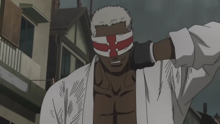 a black anime male character is smiling with a crossshaped blindfold. he is wearing a white robe, and the background is white.
