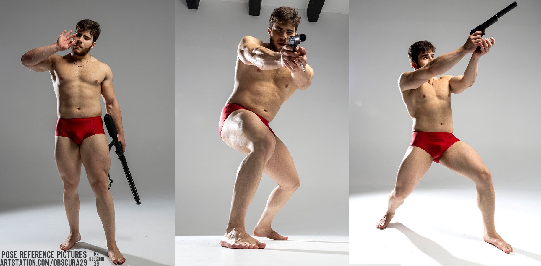 this is a three image set, with the same male model in three different poses.  the model is muscular, athletic, and wearing red briefs. in the first image, he is standing with one hand on his hip and holding a long gun in his other hand. in the second image he is squatting and pointing a handgun at the camera. in the third image, he is aiming a handgun, with his back to the camera, towards the side. all three images are taken against a white background.