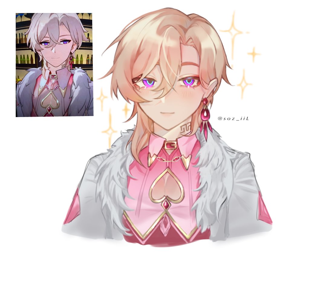 a digital illustration of a male anime character with blonde hair and pink eyes. he is wearing a pink shirt with a heart cut out of the front, a white jacket with a fur collar, a necklace, and earrings. he is looking at the viewer and has a gentle expression. the background is white.