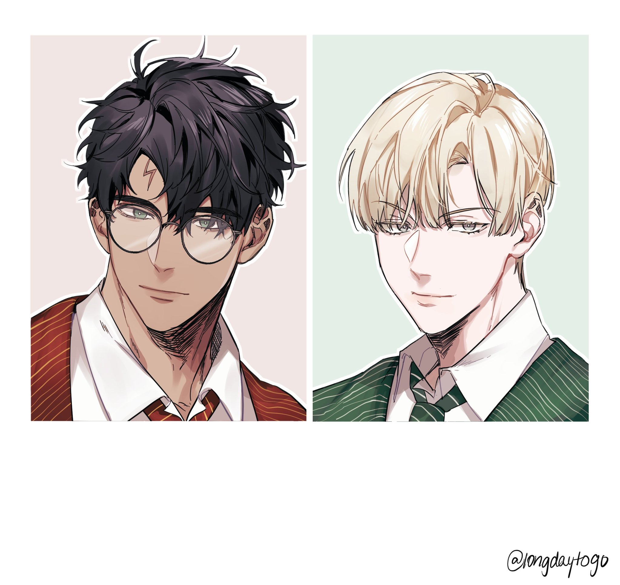 the image is a digital fan art illustration featuring two young men, styled in an anime/manga aesthetic. they are presented as a pair, side by side, in separate panels against pale background colors. one young man has black hair with a lightning bolt scar on his forehead, reminiscent of harry potter, and is wearing a gryffindorcolored school uniform.  he's wearing glasses. the other young man has blonde hair and is in a slytherincolored school uniform. both have handsome features.  the art style is clean, with a focus on realistic features while maintaining animestyle proportions and rendering.  the artist's tag (@longdaytogo) appears in the bottom right corner.  the overall vibe suggests a romantic or close relationship between the two characters.