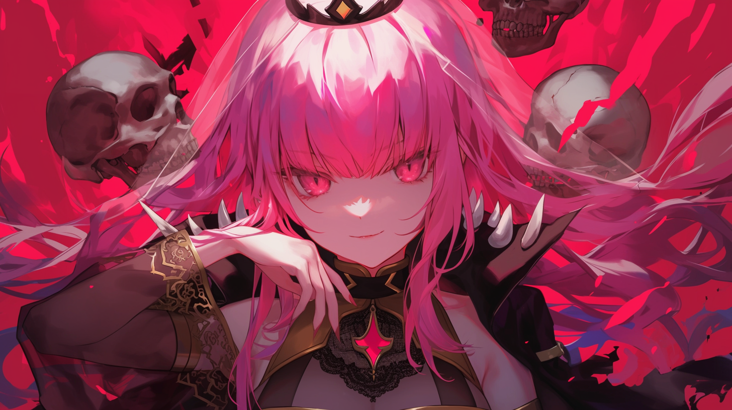 the image is a stylized anime portrait of calliope mori, a virtual streamer known for her reaper theme. she has vibrant pink hair and piercing red eyes, conveying a sense of menace. three skulls float ominously in the background against a crimson canvas. she wears a black crown and a gothicinspired black dress with intricate jewelry. her sharp facial features and seductive gaze add to her overall dark and fantasydriven aesthetic.