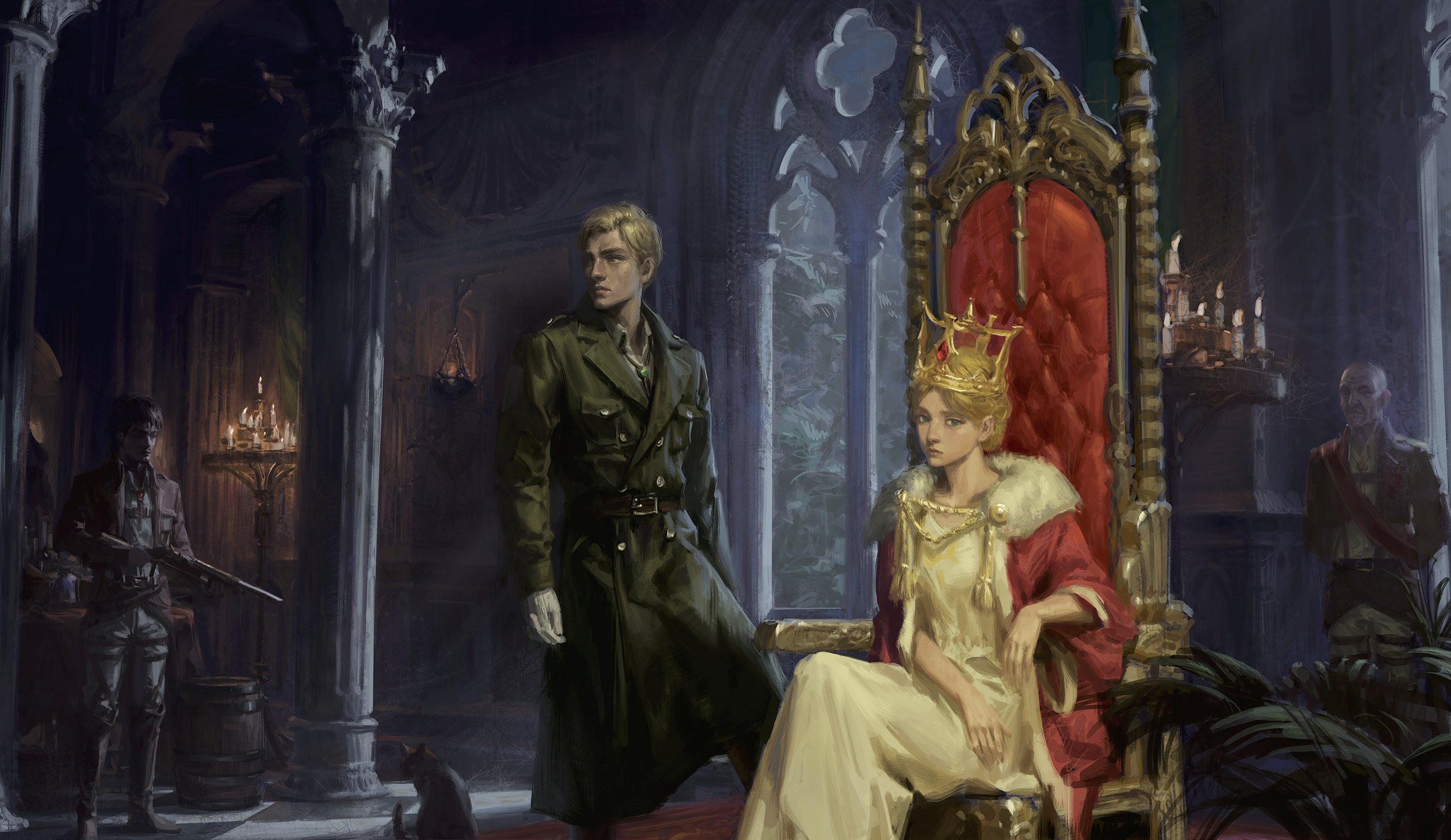 the image is a painting depicting queen historia reiss of attack on titan sitting on an ornate golden throne with a red cushion and a red and fur mantle. beside her stands erwin smith in a green military uniform. in the background are castle pillars, a guard with a rifle, candles, and another guard. a black cat sits at erwin's feet. the style is dark and gothic, fitting the setting of a royal castle.
