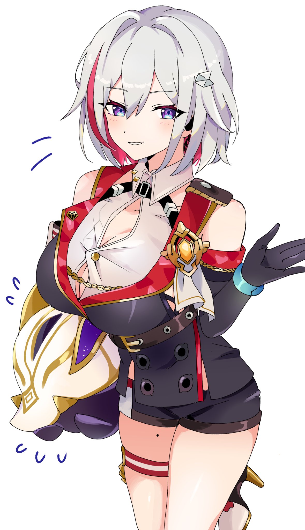 this is a cartoon illustration of an anime girl. she has white hair and red eyes. she is wearing a white shirt, black shorts, red jacket, and black gloves. she is smiling and looking happy. she is holding a gold object in her left hand and wearing white boots.