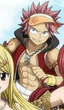 the image shows an anime character, a male with red and pink hair, wearing a white sleeveless shirt with red trim and a necklace. he has a big, friendly smile and a headband. the character is standing next to another female anime character with long blonde hair. she is wearing a blue and white outfit. the background is light blue. the character's expressions are relaxed and happy.