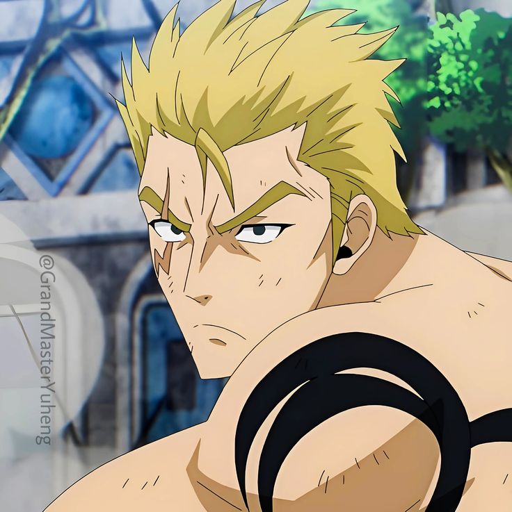 this is an anime style illustration of a muscular male anime character with blond hair and blue eyes. he is looking  directly at the viewer with a serious expression. he has a  black tattoo on his right shoulder, his hair is styled into a spiky, messy look, and he is wearing a dark shirt. the character is in a dark shadow and the background is a blurry blue and green.