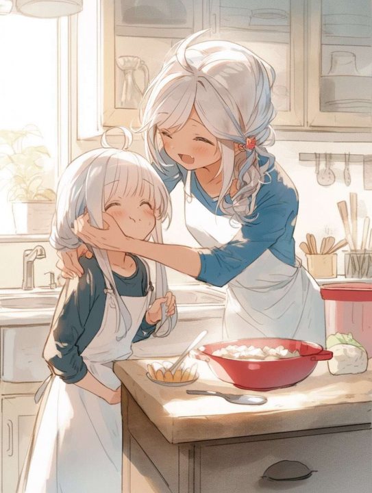 the image is a digital illustration in an anime style depicting a heartwarming scene. a young girl with long, white hair and a white apron is standing at a kitchen counter, seemingly helping her mother, who also has long white hair, prepare a meal. the mother is lovingly touching the daughter's face.  the kitchen is bright and airy, with sunlight streaming in from a window. the overall mood is sweet, gentle, and peaceful, emphasizing the bond between mother and daughter. the art style is soft and delicate, using pastel colors and gentle lines. the focus is on the emotional connection between the two characters.