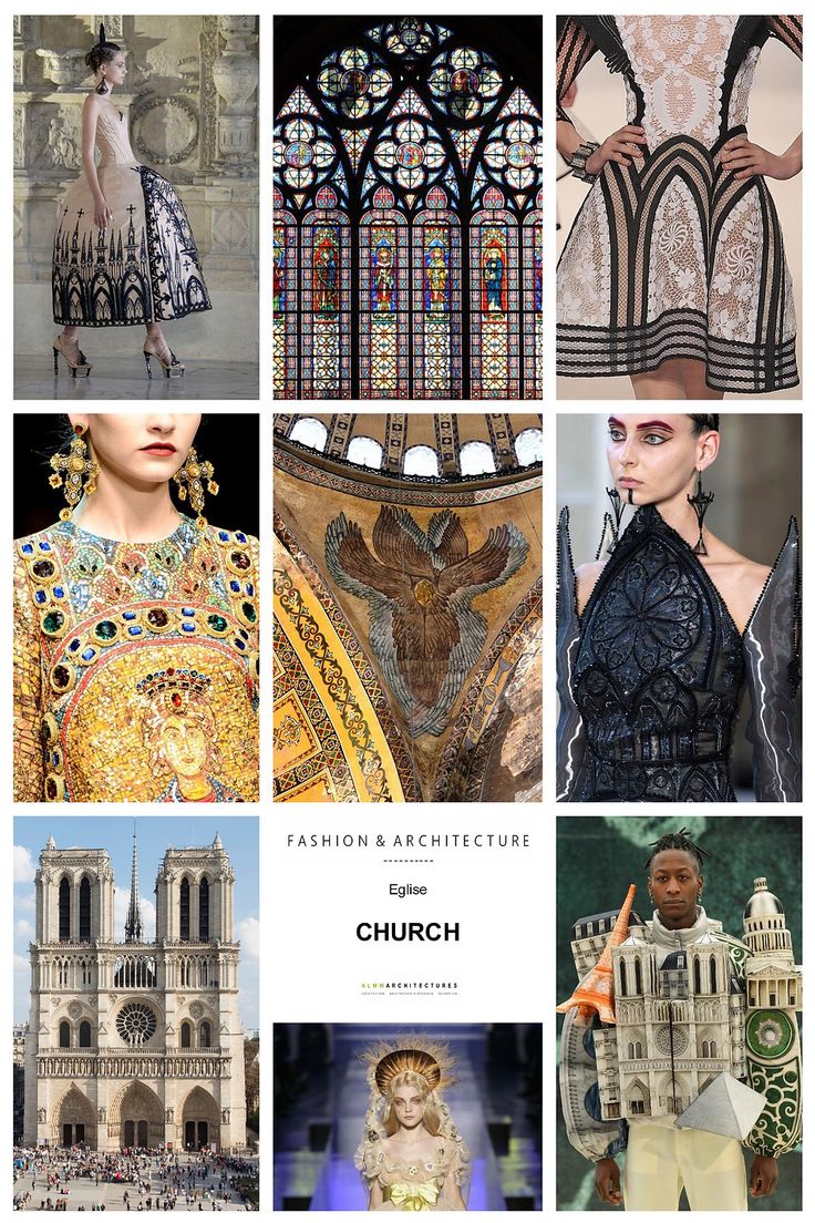 this collage features a juxtaposition of fashion and architecture, specifically focusing on the theme of churches. it is divided into nine squares. the top row shows three fashion models, the first wearing a black and white dress with architectural details, the second is a stainedglass window in a church, and the third is another model wearing a white lace and black dress. the middle row shows a fashion model with a golden, jeweled dress that reflects the mosaic art style from the church in the center. the bottom row shows a photo of notre dame cathedral, the word "church" and the french word "église" in the center, and a model on a runway wearing a dress with a detailed architectural design. the collage highlights the intricate details and inspiring beauty of both fashion and architecture, suggesting a connection between the two and their shared history and inspiration.