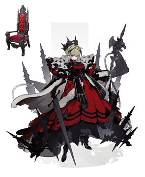the image showcases a female character exuding an aura of dark majesty. she stands commandingly, adorned in an elaborate red and black gown with intricate lace and frills. atop her head sits a delicate crown, further emphasizing her regal air.  multiple swords surround her, some held aloft by unseen forces, signifying power and possibly combat prowess. her pose suggests both elegance and strength.  a simple red and black throne, reminiscent of her attire, is positioned in the corner, further solidifying the impression of her being a queen or ruler. the overall aesthetic leans heavily towards a gothic or dark fantasy theme.