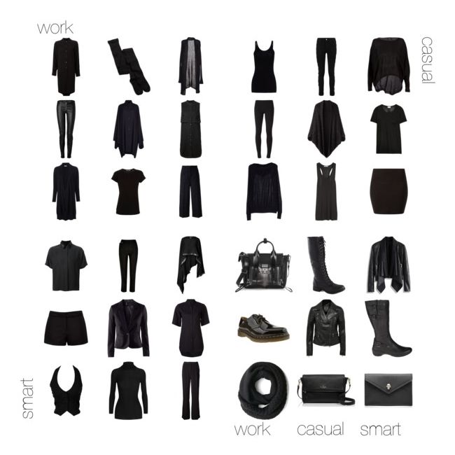 the image displays a collection of black clothing items and accessories categorized into "work", "casual", and "smart" attire. each category showcases a range of garments, including dresses, pants, leggings, shirts, cardigans, tank tops, skirts, jackets, boots, shoes, scarves, bags, shorts, vests, and blazers, to provide outfit inspiration for different occasions.