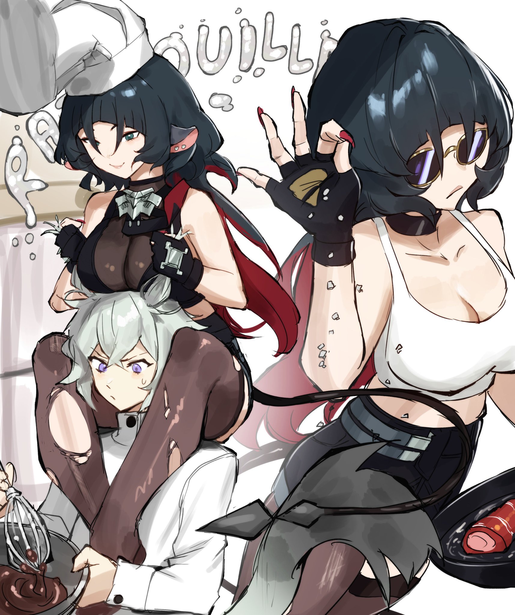 the image depicts three animestyle characters in a kitchen setting.  one character is a woman with long black hair wearing a white tank top and black shorts.  she is holding a pan in her left hand and has a devil tail.  another character is a woman with long black hair wearing a chef's hat and a red and black outfit.  she has a whip in her right hand and is standing on the back of a whitehaired character who is wearing a white chef's jacket and has a shocked expression on their face.  the woman with the devil tail is pointing with her right hand and has a smug look on her face.  the woman with the whip has a playful expression on her face.  the image is drawn in a manga style and features bright colors and bold lines.  the characters are all drawn in a very expressive way, and the image has a playful and energetic tone.