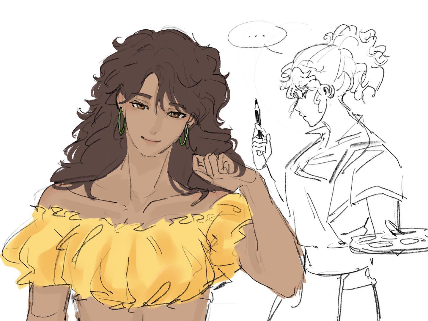 the image depicts a stylishly dressed woman with long, curly brown hair posing for a sketch. she is wearing large green hoop earrings and a yellow offtheshoulder top. her pose is confident and engaging. the artist, drawn in a simpler style, is focused on capturing her likeness. they are holding a drawing pen and seem captivated by the model's presence. the scene suggests a collaborative and creative environment, likely an art studio.
