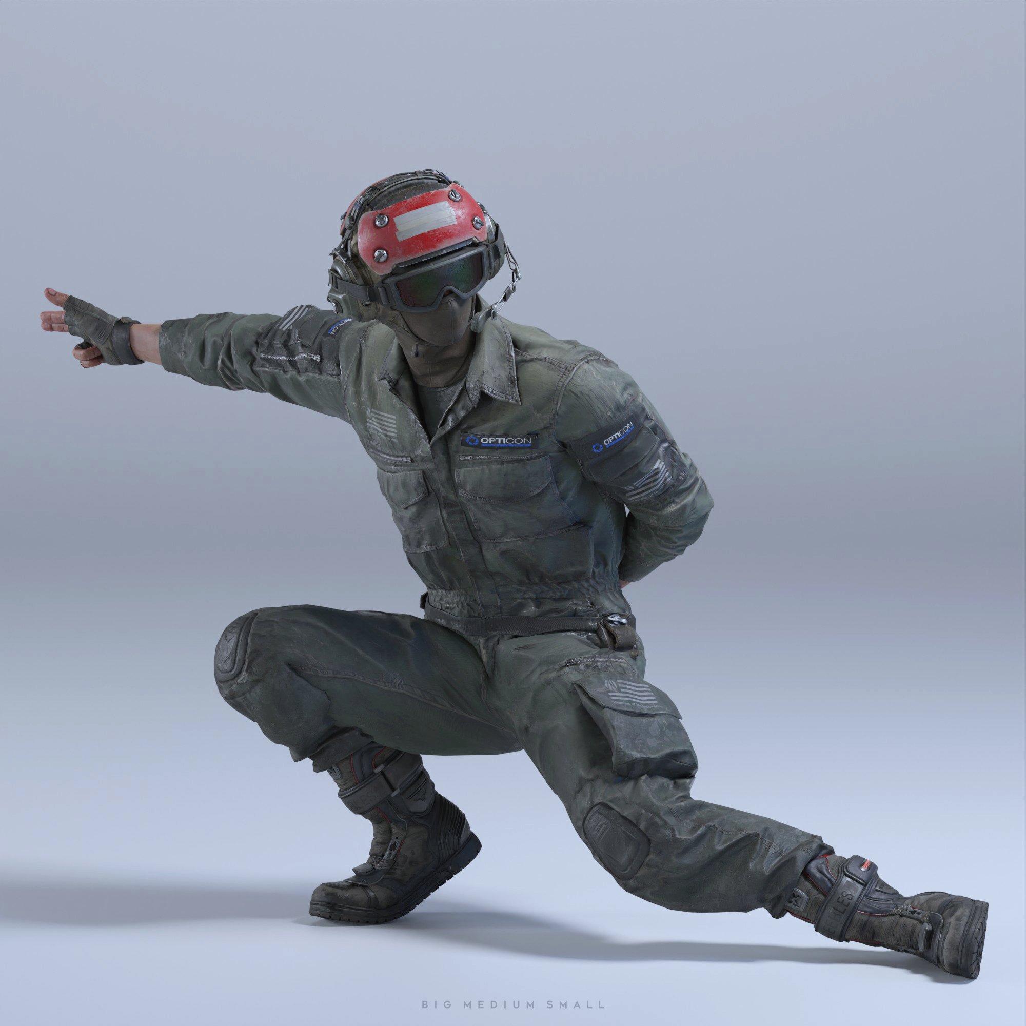 a 3d rendering of a soldier in a futuristic military jumpsuit crouching in a tactical pose. the soldier is wearing a helmet with goggles and a mask, and has various tactical gear attached to their jumpsuit, including patches that say "optech". the background is a simple grey, focusing attention on the detailed character model. the bottom of the image contains small text "big medium small".