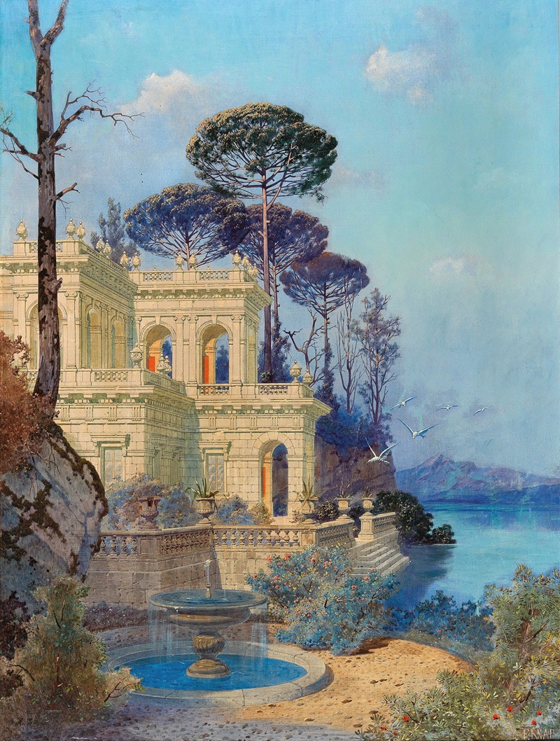 the painting depicts a picturesque villa with classical architectural elements situated near the sea. the villa features multiple levels with arched windows and decorative balustrades. a stone fountain is visible in the foreground garden, surrounded by lush vegetation and trees. in the background, the sea stretches to the horizon, with distant landforms visible under a bright sky dotted with birds. stone pines are prominent in the landscape, contributing to the scene's idyllic and tranquil atmosphere.