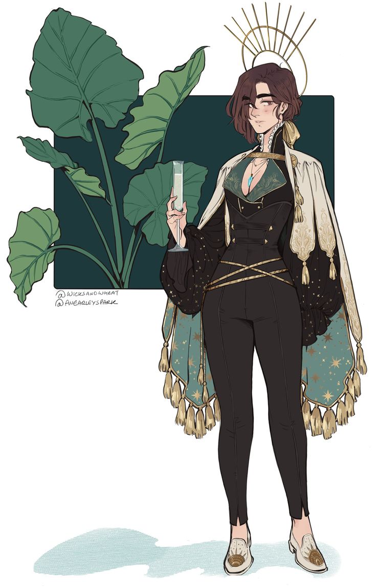 a digitally drawn illustration of a woman in a fantasy setting. she is standing, looking at the viewer. she is wearing a white cloak with gold trim over a black outfit, with a black vest and dark pants. she has a gold necklace and a gold band around her waist. her hair is brown and she has dark eyes. she is holding a glass in her right hand. there is a green plant with large leaves behind her. the background is a light blue color.  the woman appears to be dressed in a fine fashion, maybe even for a formal event.