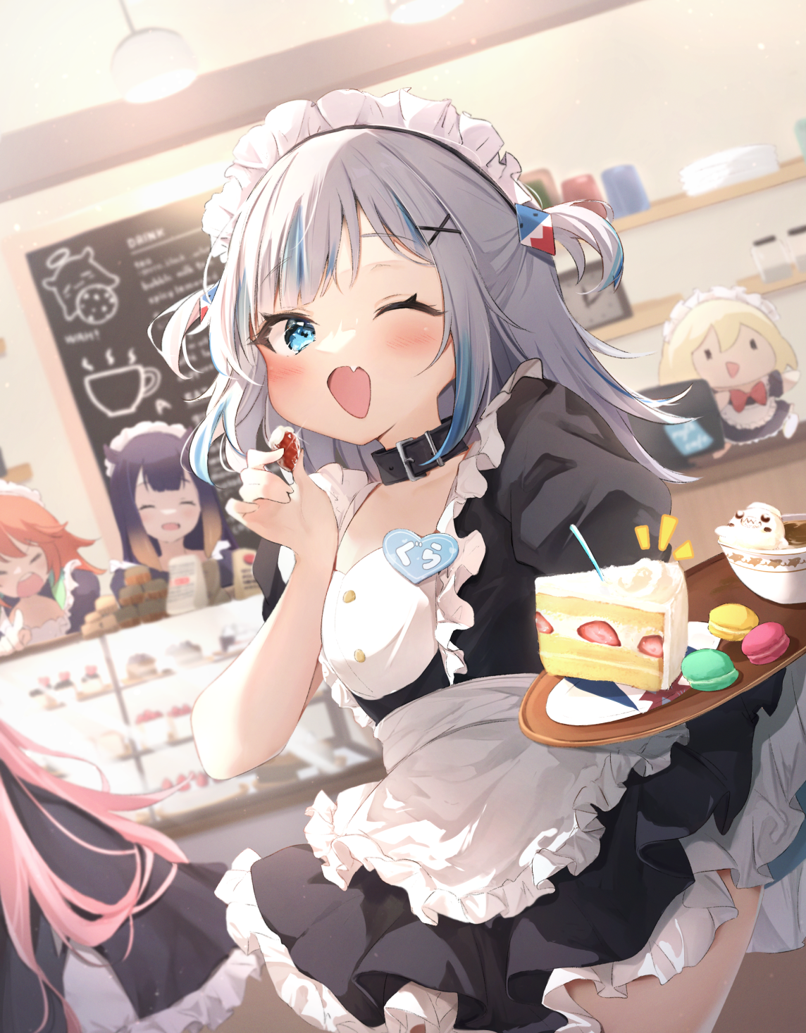 the image is a digital illustration of a cute anime girl dressed as a maid in a cafe setting. she's winking and smiling, holding a serving tray laden with a slice of strawberry shortcake and macarons. the background features a cafe interior with other characters, a chalkboard menu, and pastries displayed in a glass case. the maid's outfit is detailed and features a frilly apron and headpiece. her expression and the overall style convey a lighthearted, sweet, and whimsical atmosphere.  the art style is soft and uses pastel colors to create a warm and inviting feel.