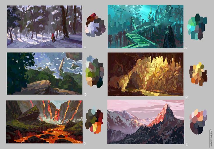 the image displays a collection of six digital landscape paintings, each accompanied by its corresponding color palette.  the paintings showcase diverse environments, including: a snowy forest with a lone figure on horseback, a lush coastal scene with a large rock formation, a mysterious glowing cave, a volcanic lava field, and a majestic mountain range at sunset. each painting is rendered in a stylized, slightly painterly digital style with noticeable brushstrokes. the color palettes clearly demonstrate the artist's choices in hue, saturation, and value for each scene. the overall style suggests concept art for a game or film, emphasizing mood and atmosphere.