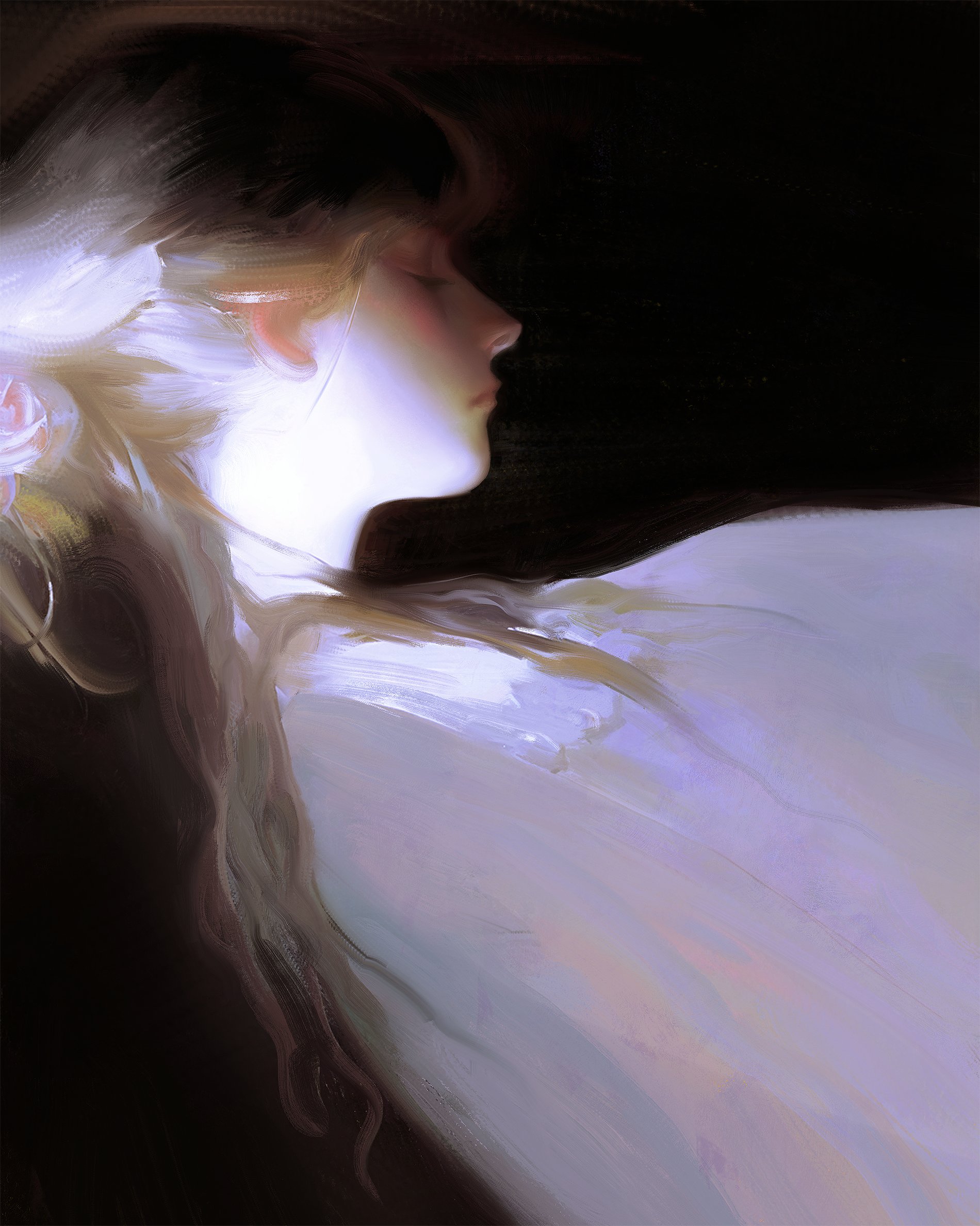 a digital painting of a young woman with long flowing blonde hair lying in a dreamy pose. her face is turned to the side and her eyes are closed, as if she is lost in thought or sleep. her skin is soft and pale, lit by a faint glow. the background is dark and indistinct, suggesting a sense of mystery and intrigue. the overall mood of the painting is one of peace and serenity.