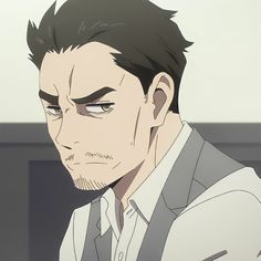 the image showcases a digital drawing of an adult anime man. he features short, dark hair and a light stubble. the man wears a white buttonup shirt and a light gray vest, suggesting a business or formal attire. his expression is serious, almost sullen, with a slight frown and downcast eyes. the art style suggests an anime or manga aesthetic, with characteristic large eyes and defined features. the lighting is soft, creating subtle shadows across his face, particularly emphasizing his cheekbones and jawline. the composition is a portraitstyle closeup, focusing on the man's head and upper torso against a blurred background.