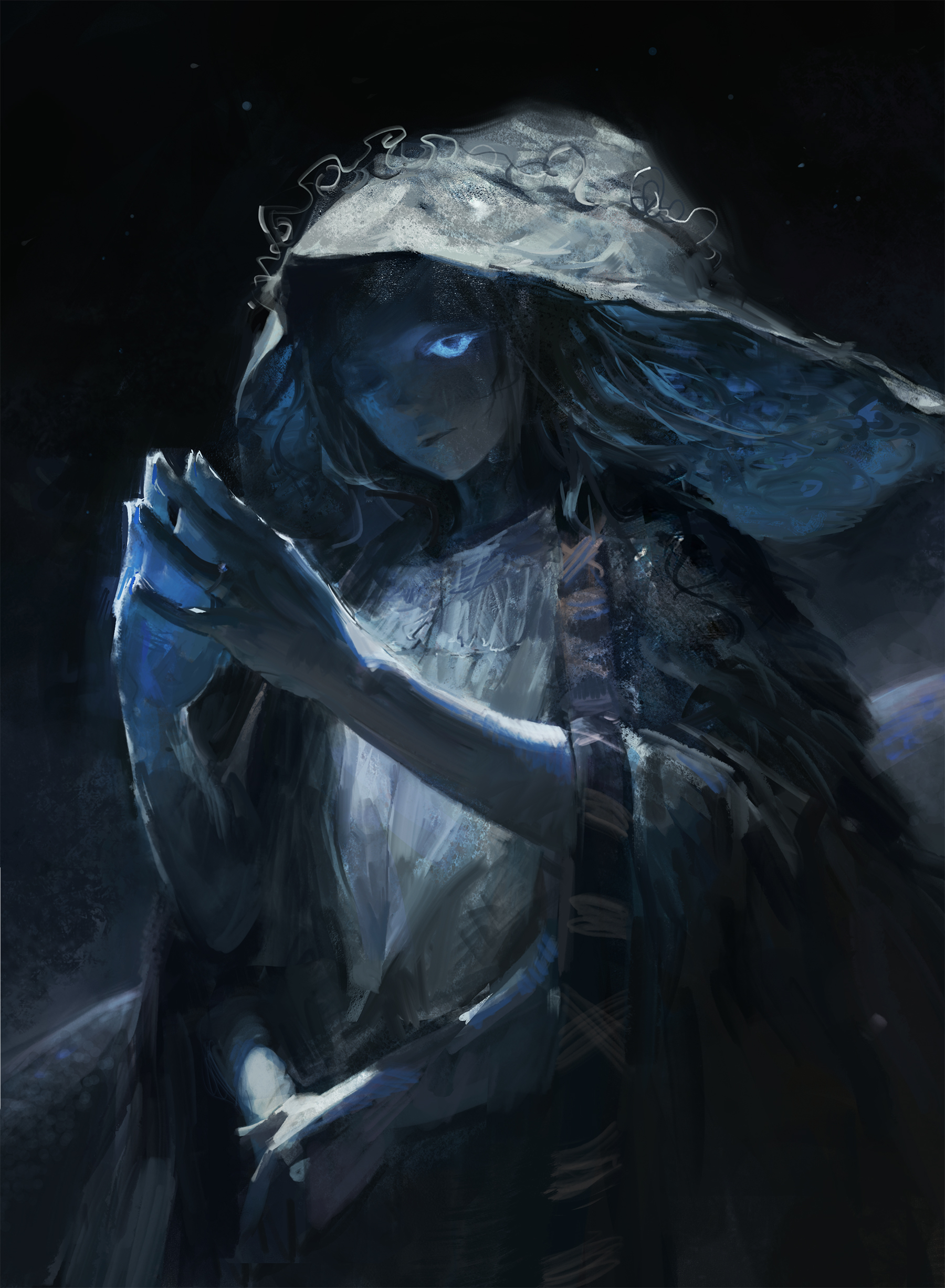 a mysterious anime girl with blue eyes and a hooded white cloak is shown against a dark background. she is holding a glowing hand in front of her and her expression is serious.  her cloak appears to be flowing in the wind.
